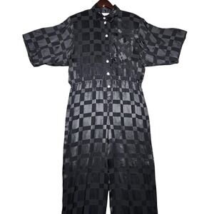 Dennis Goldsmith Jumpsuit Womens Medium Black Checkerboard Jacquard Button Front